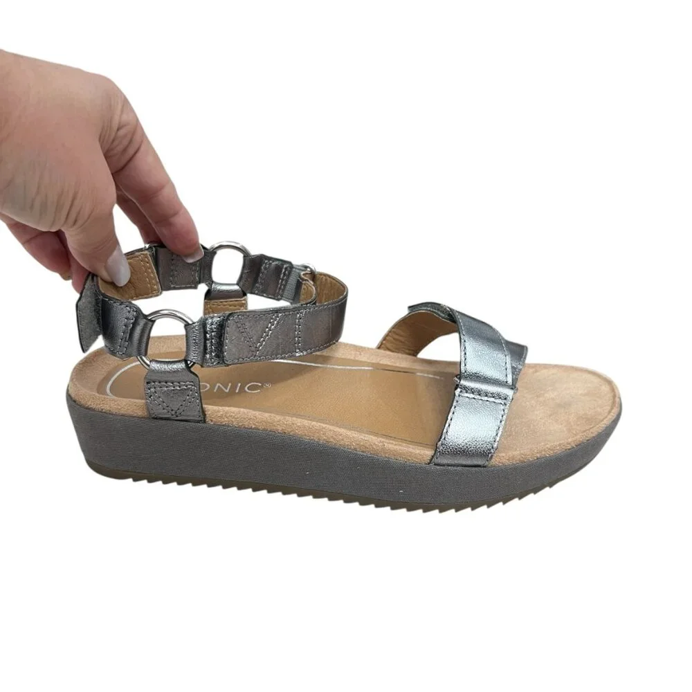 Vionic Kayan Leather Metallic Pewter Strappy Platform Sandal Women's size 8